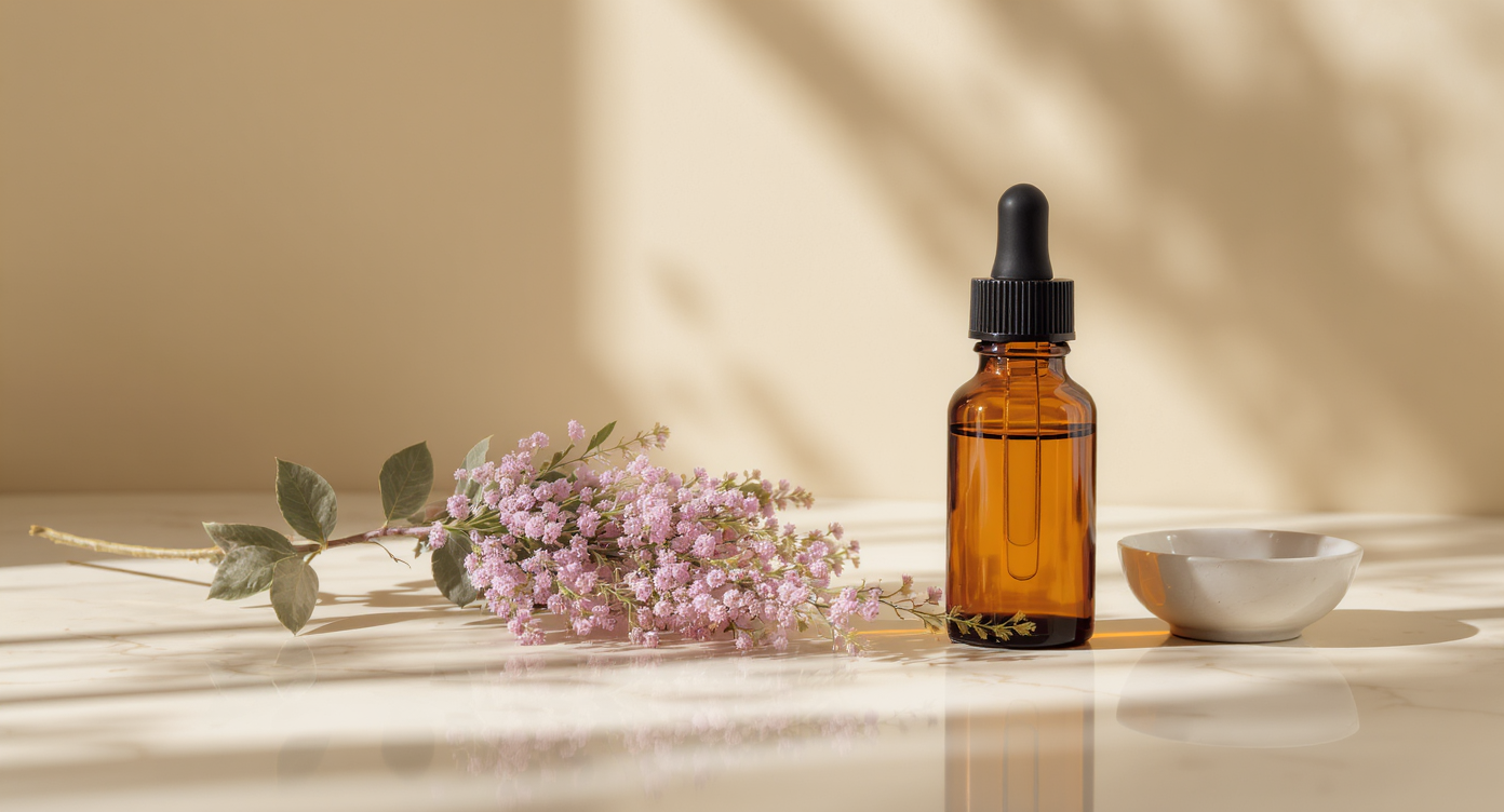 Bakuchiol botanical anti-aging — psoralea corylifolia plant and amber bottle still life