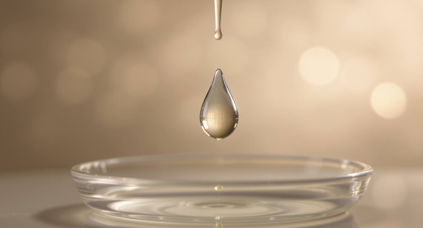Photolyase UV-repair enzyme — golden serum drop in luxury dermatology laboratory
