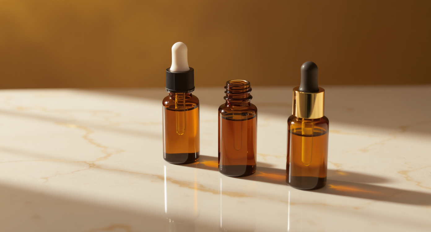 Three amber retinoid bottles — retinol vs retinaldehyde vs retinoic acid