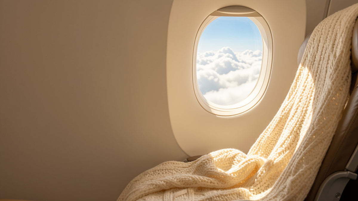 Sunlight through an airplane window above the clouds, falling on a cream knit blanket draped over a seat