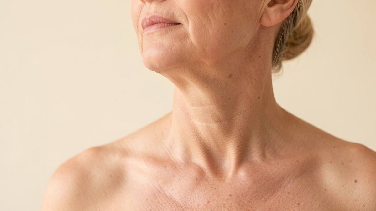 Neck and decolletage showing fine crepey skin texture
