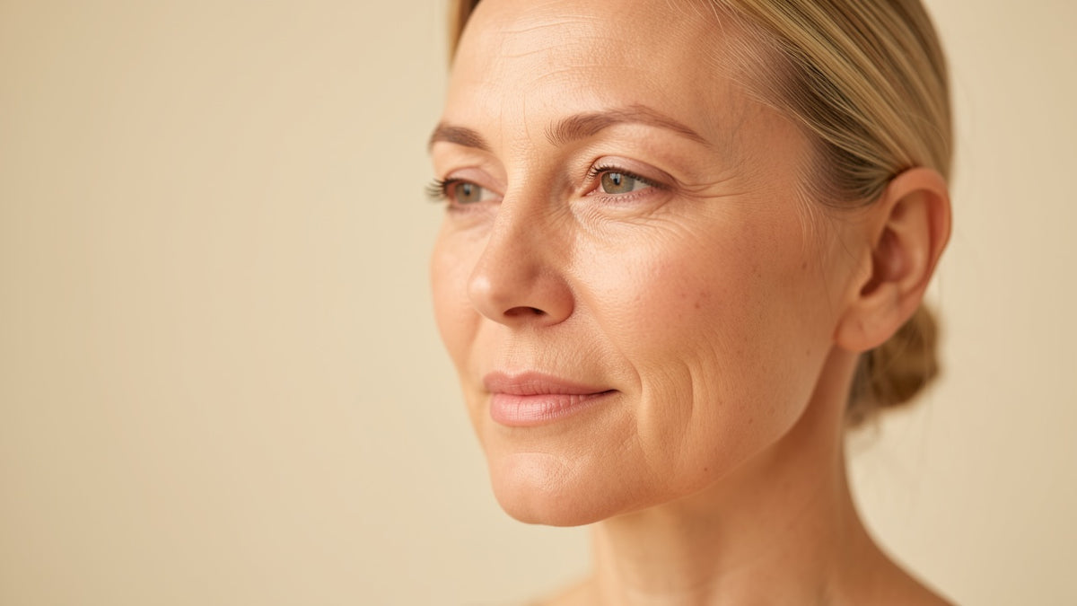 Calm, even-toned facial skin on a woman in her forties