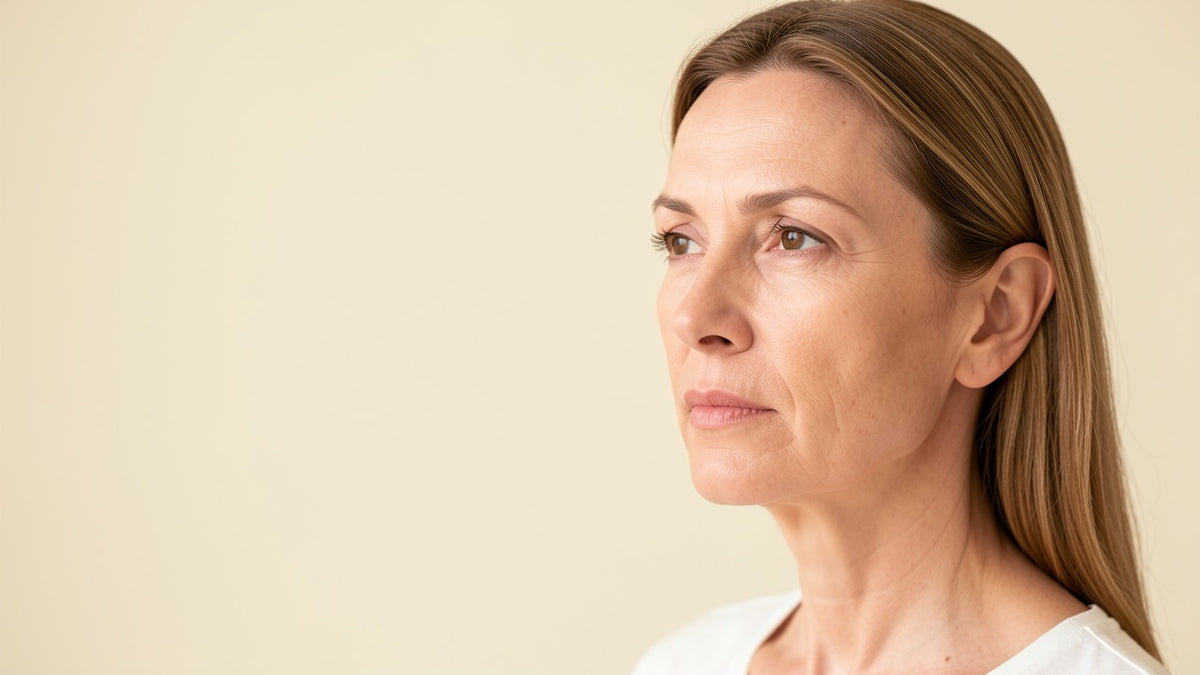 Profile of a woman with slimmer facial contours after weight loss
