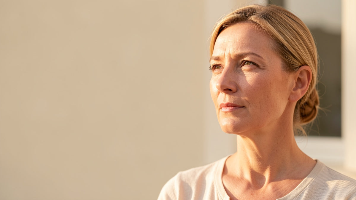 Woman in soft afternoon sunlight with calm, healthy skin