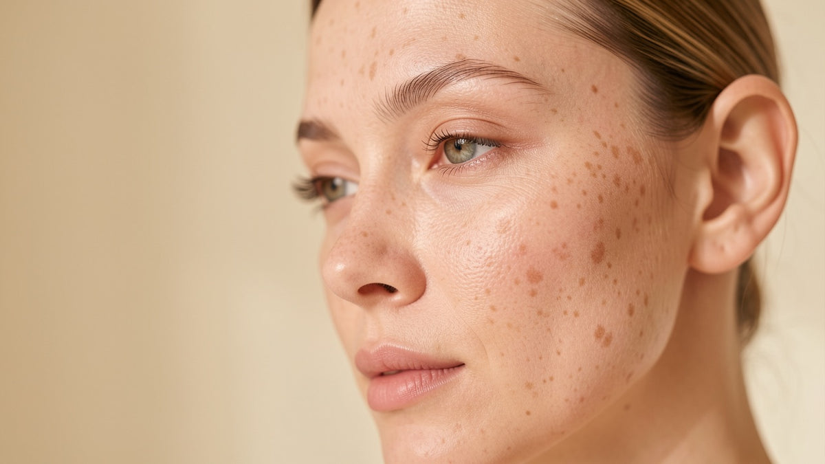 Cheek and temple showing uneven pigmentation, the pattern tinted mineral sunscreen helps protect
