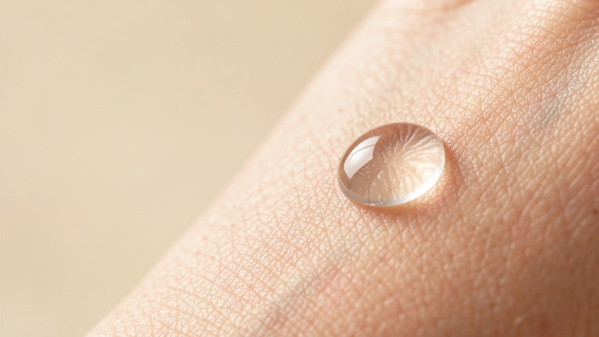 A single drop of clear peptide serum resting on healthy skin