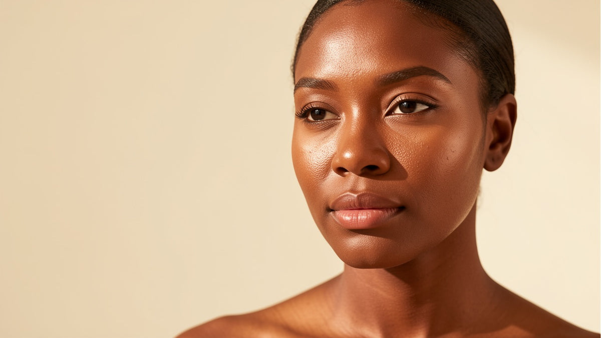 Woman with deep brown skin in soft sunlight with an even, glowing complexion