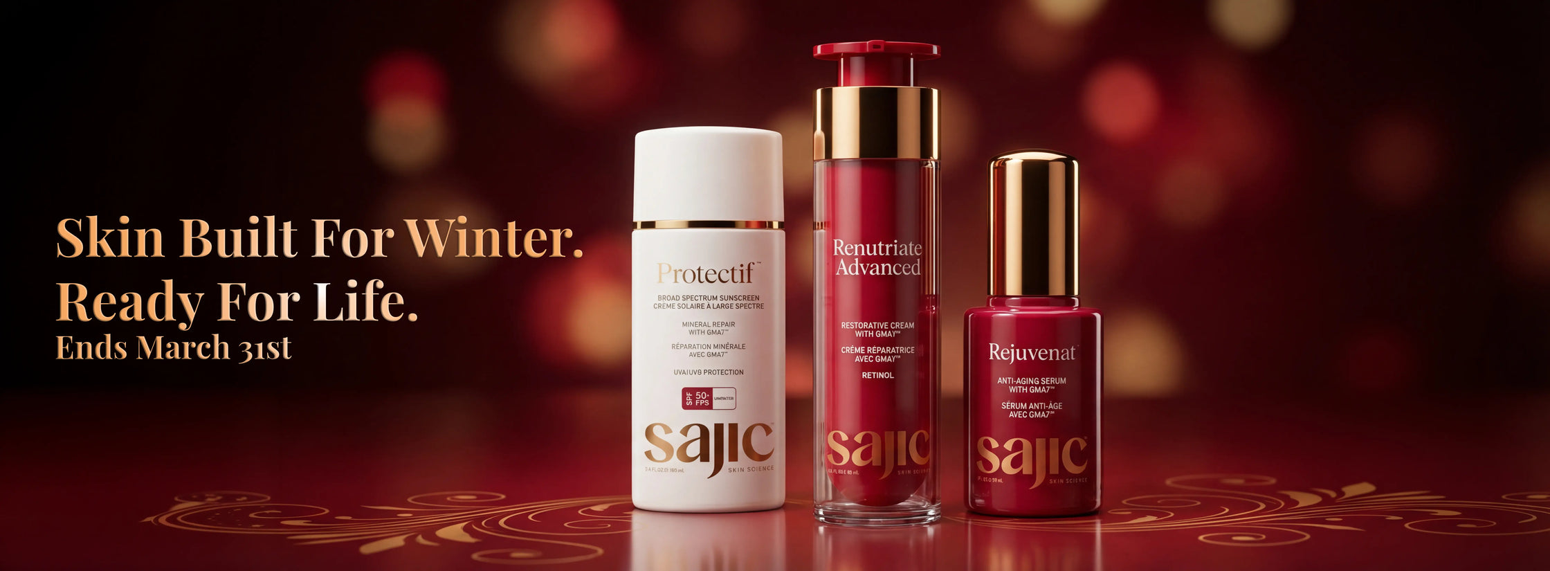 Sajic skincare products on a dark background with promotional text.